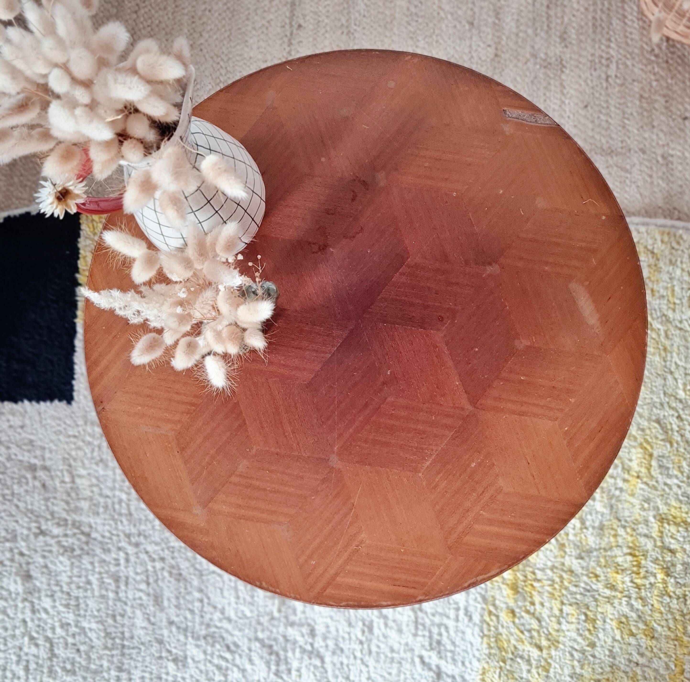 Vintage tripod side table, marquetry diamond-pattern top.