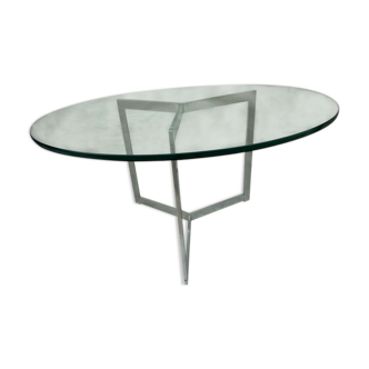 Table ronde dalle de verre piètement inox