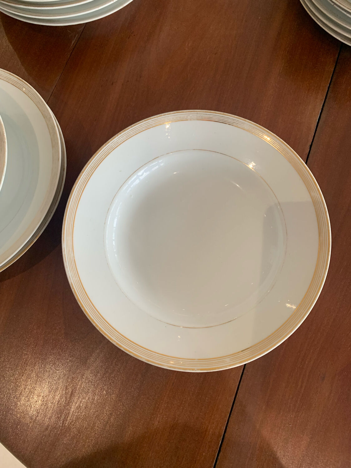 Lot of six soup plates, old, crockery, white, gilded