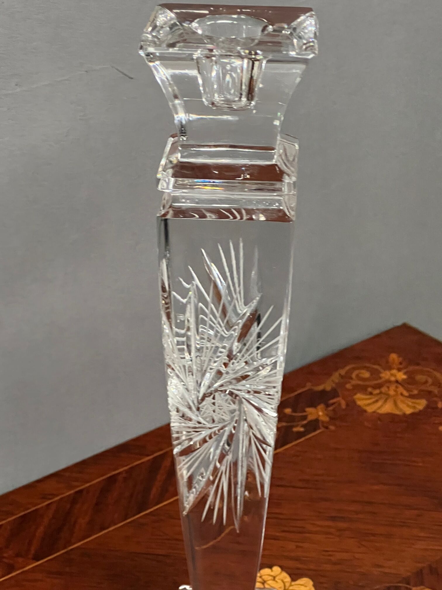 Pair of hand-cut solid crystal candle holders.