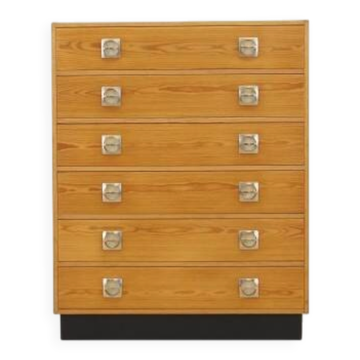 Commode en placage de pin danois avec six tiroirs, années 1970