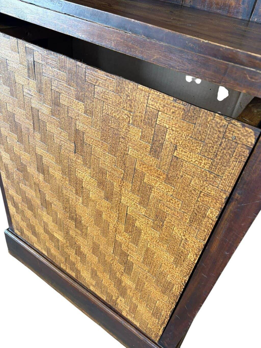 Vintage wooden library with storage chest/basket.