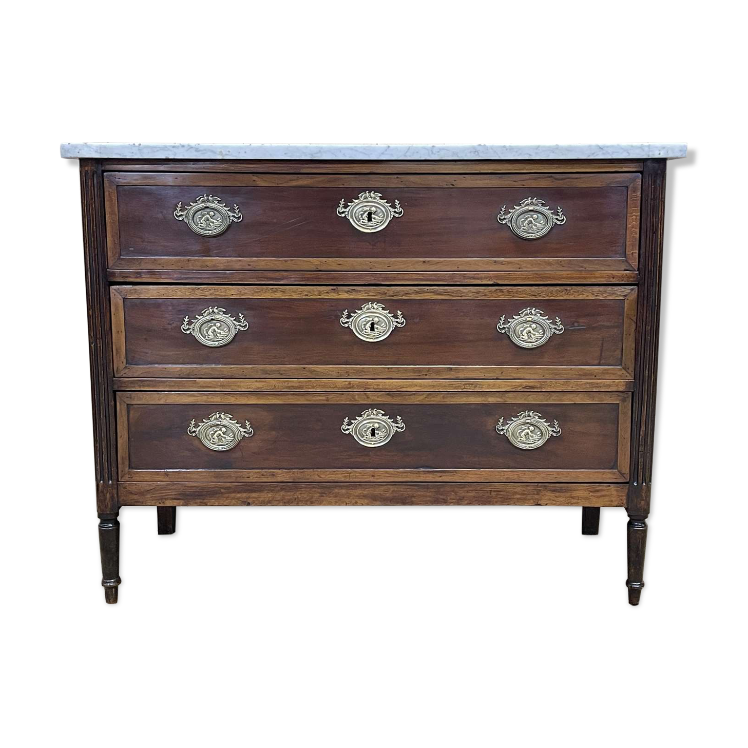 Louis XVI XIXth chest of drawers in mahogany and walnut and white marble top