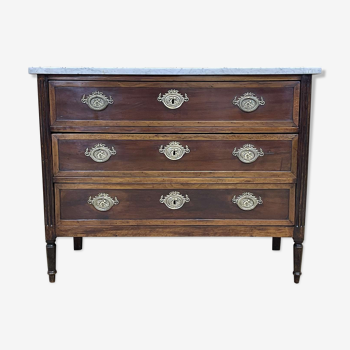 Louis XVI XIXth chest of drawers in mahogany and walnut and white marble top