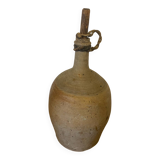 Antique Beige Stoneware Bottle + Wooden Stopper Large Volume Vintage