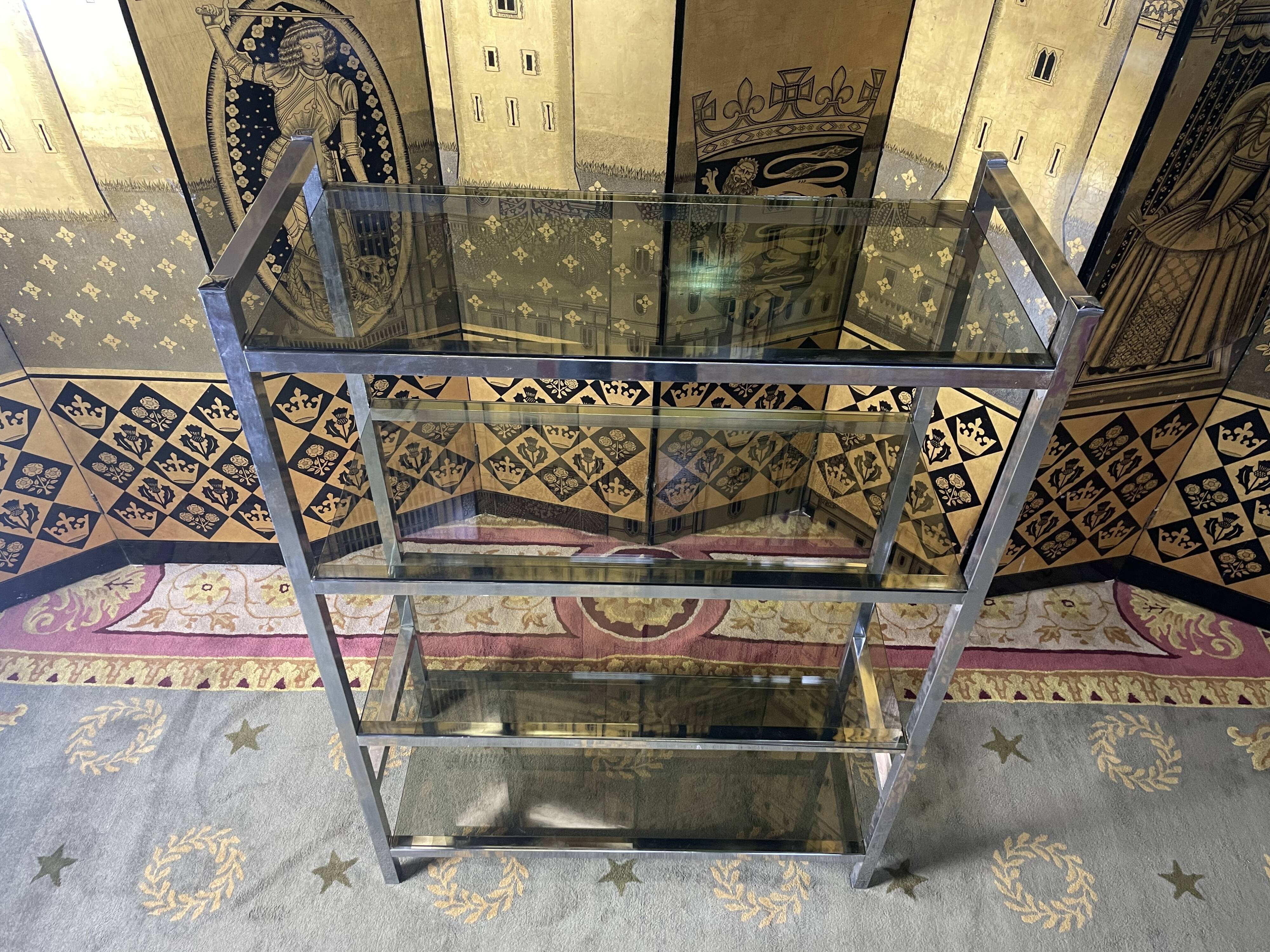 Shelf in chromed metal and smoked glass 1970