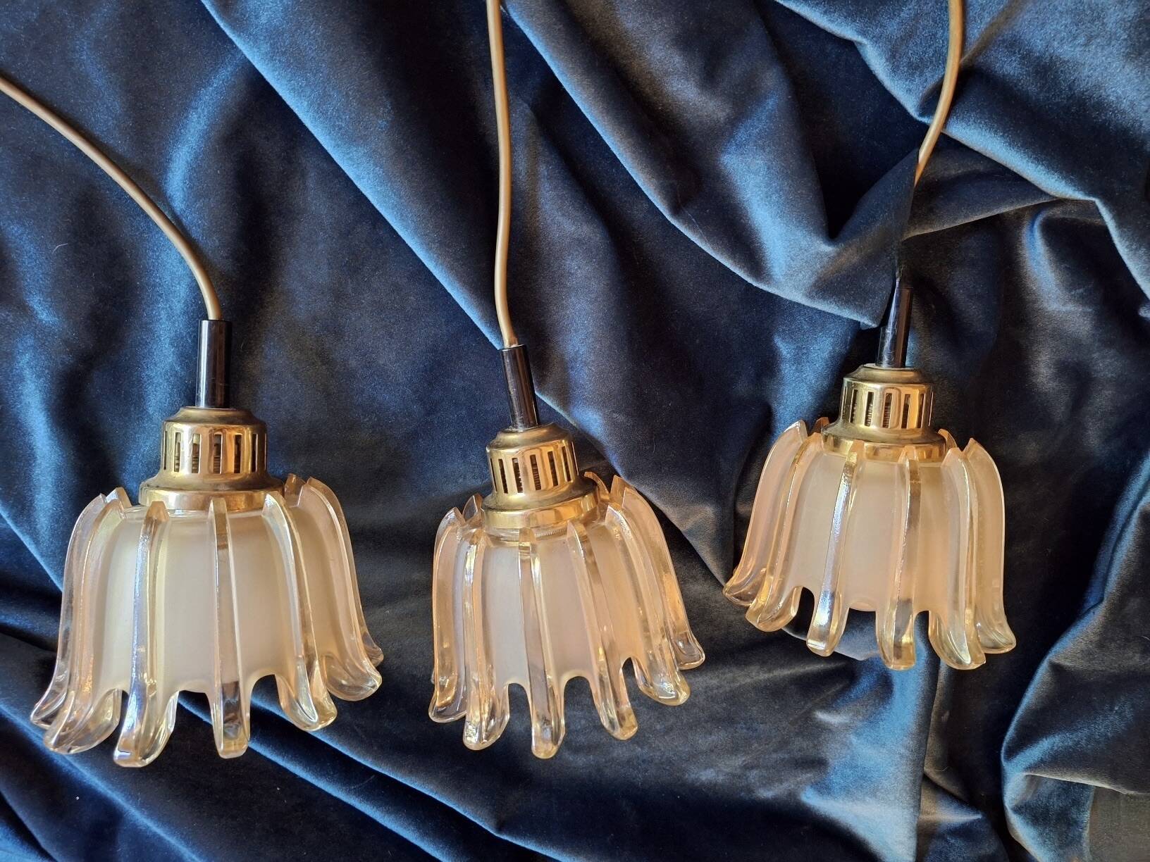 Set of 3 Doria pendant lights in amber-coloured frosted glass, 1960s