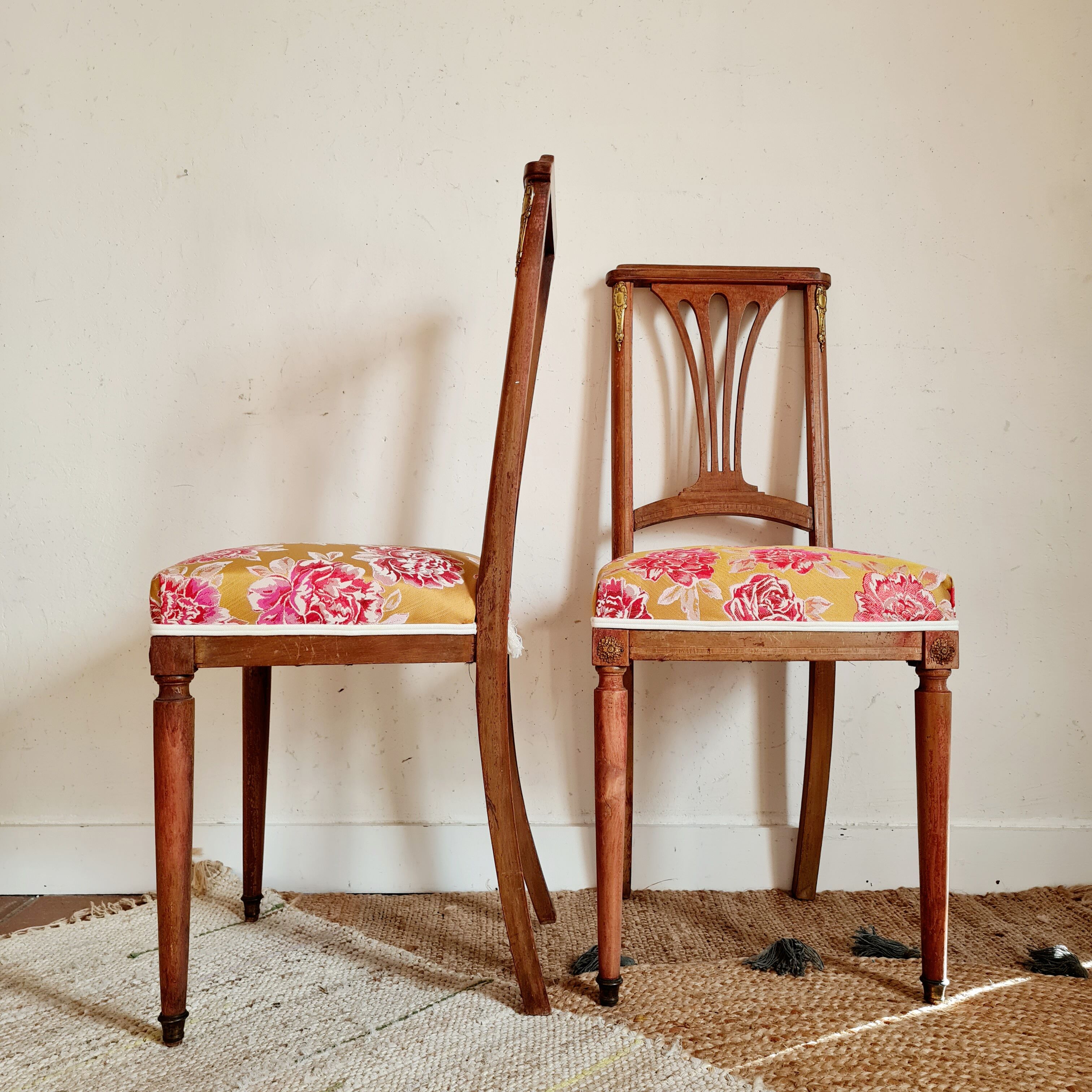 Duo of antique wooden chairs seated redone