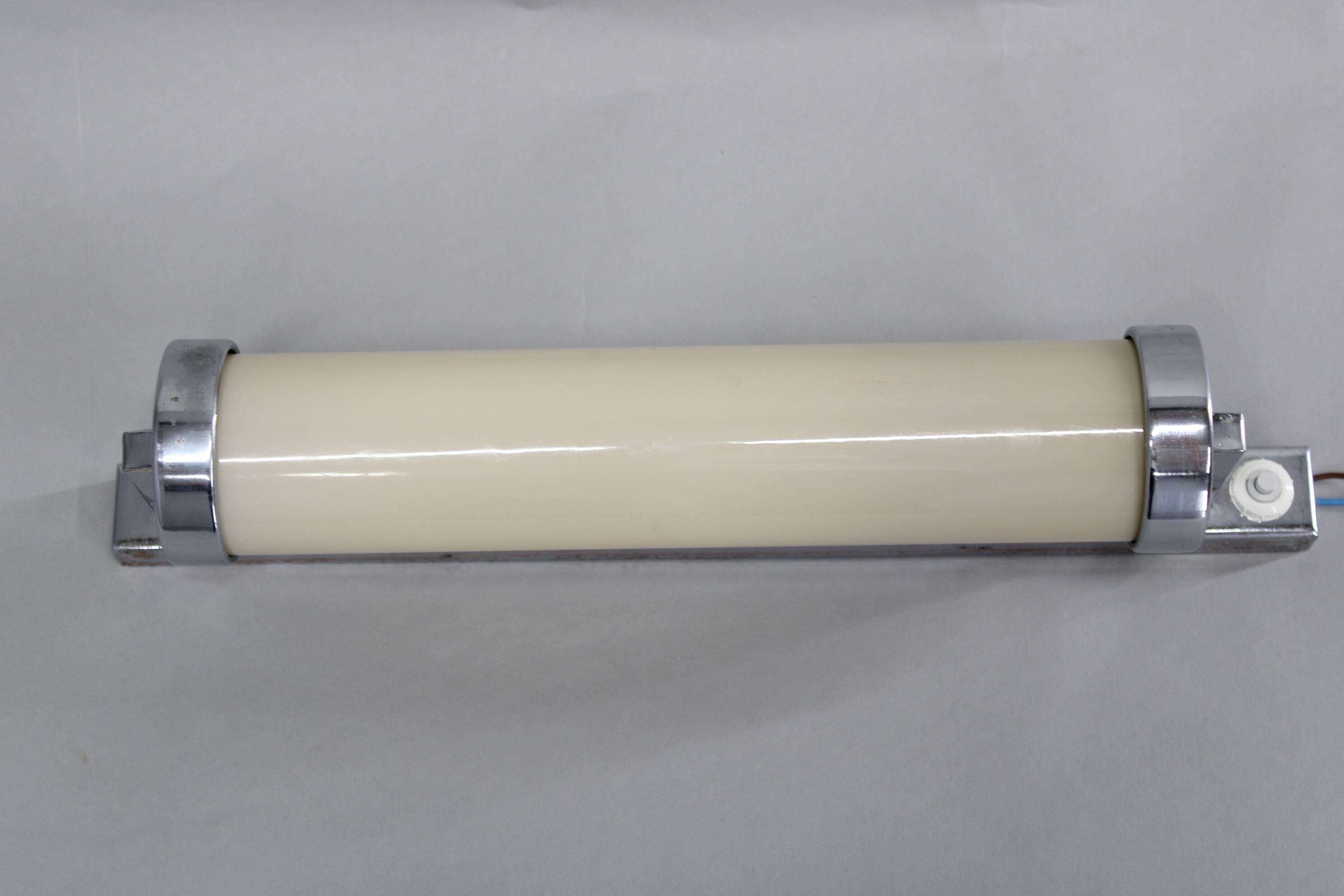 1930s Bauhaus tubular wall light, chrome & creamy glass, Czechoslovakia