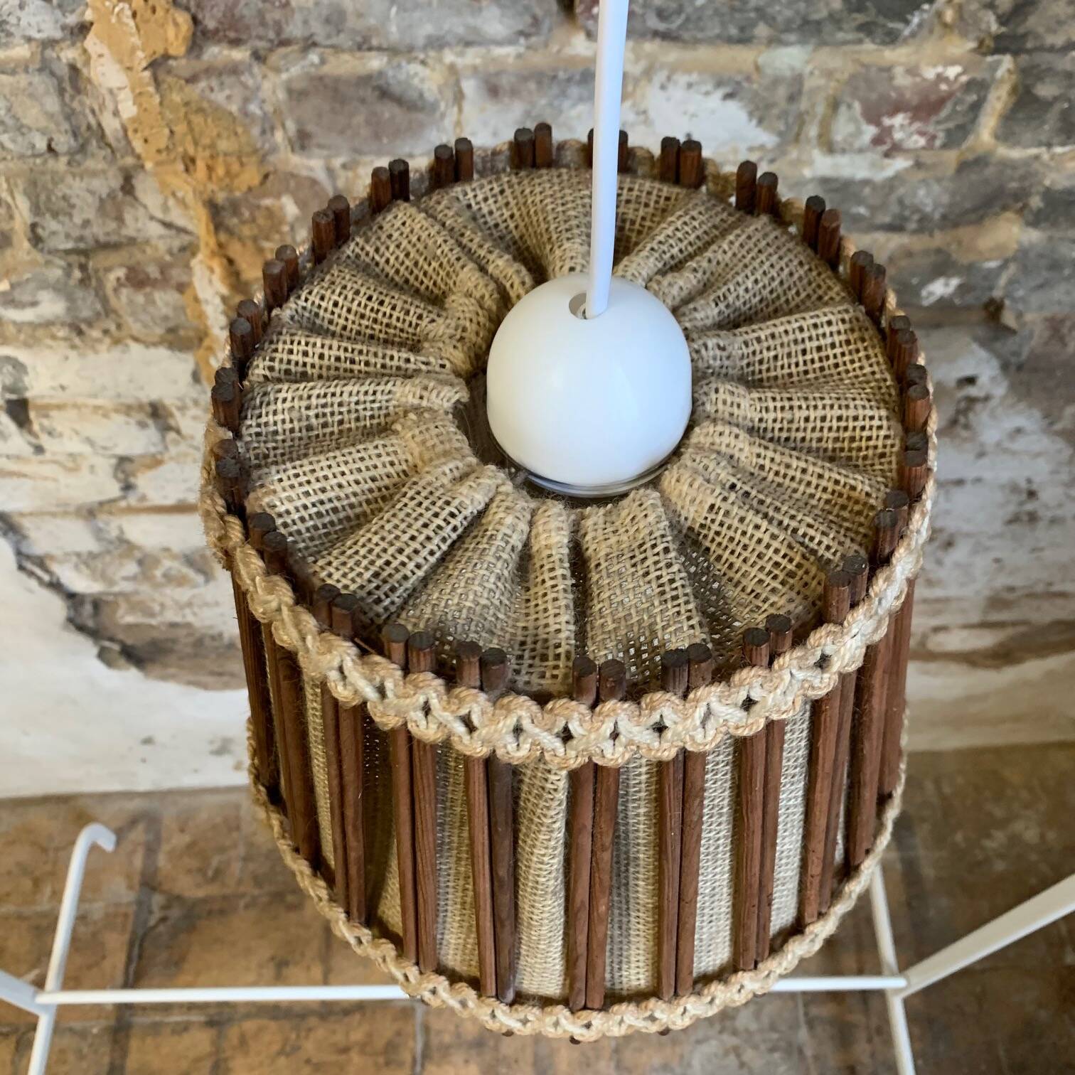 Vintage Scandinavian pendant light (1960s) in wood and linen