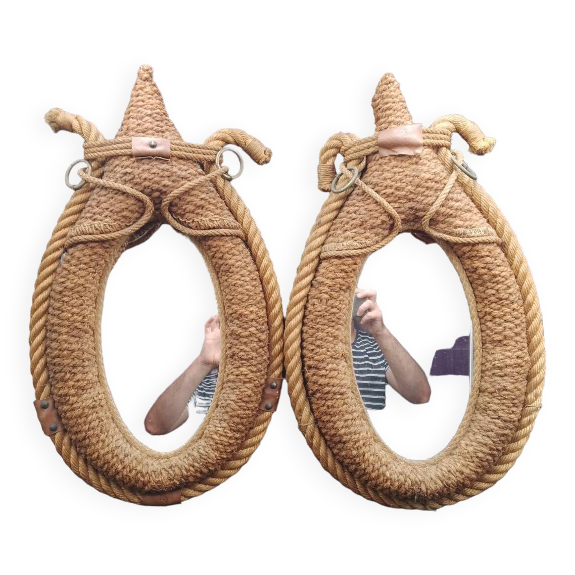 Pair of large oval rope and leather mirrors, very good condition, 1950s