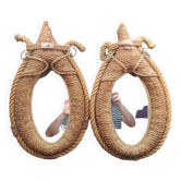 Pair of large oval rope and leather mirrors, very good condition, 1950s