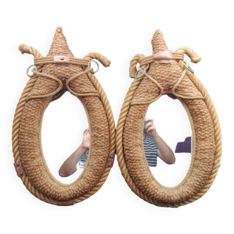 Pair of Important Oval Mirrors in Rope and Leather TBE 1950