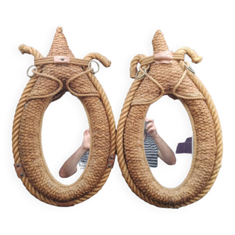 Pair of Important  oval mirrors in rope and leather TBE 1950