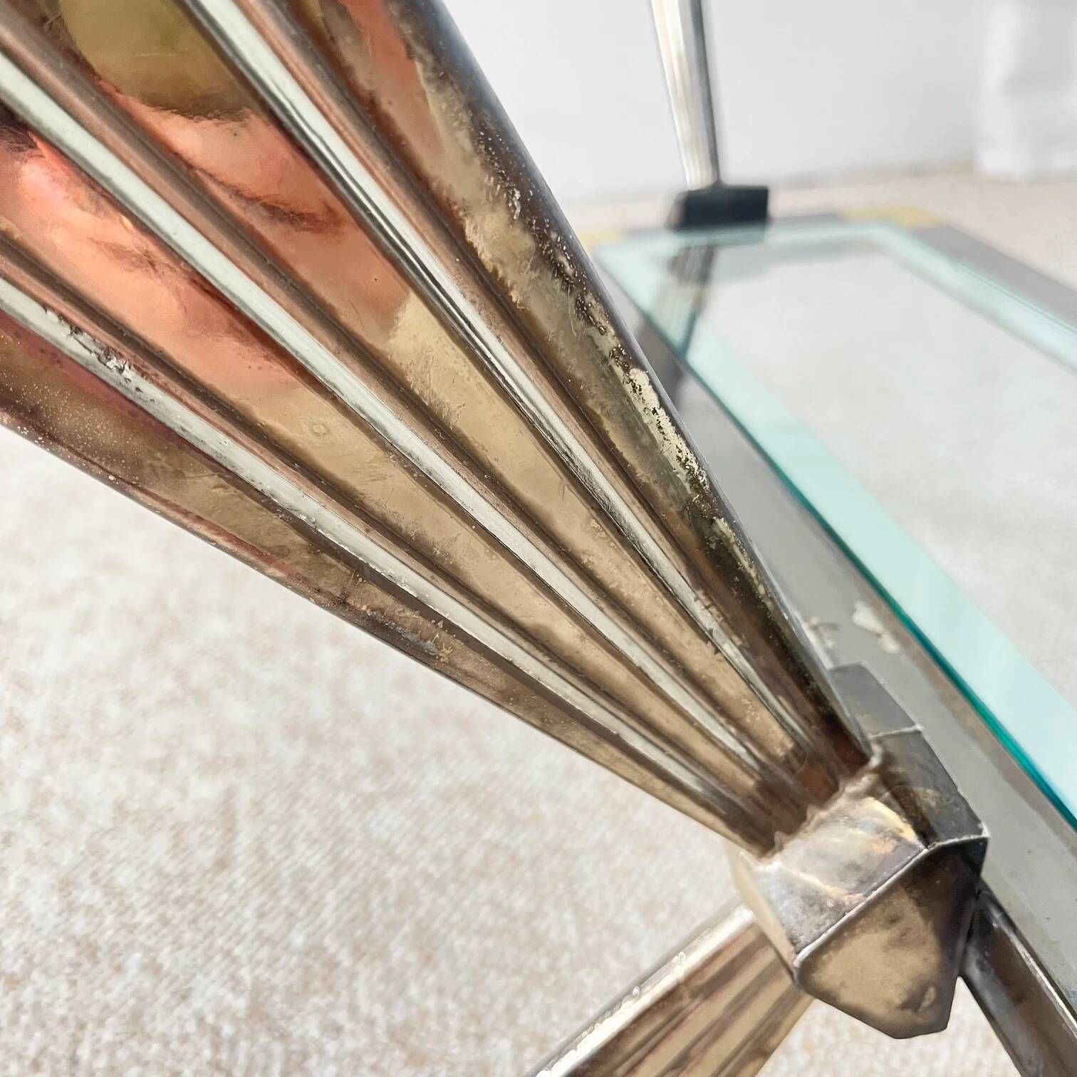 Vintage Italian coffee table in glass, chrome and brass metal, Hollywood Regency style, 1970s.