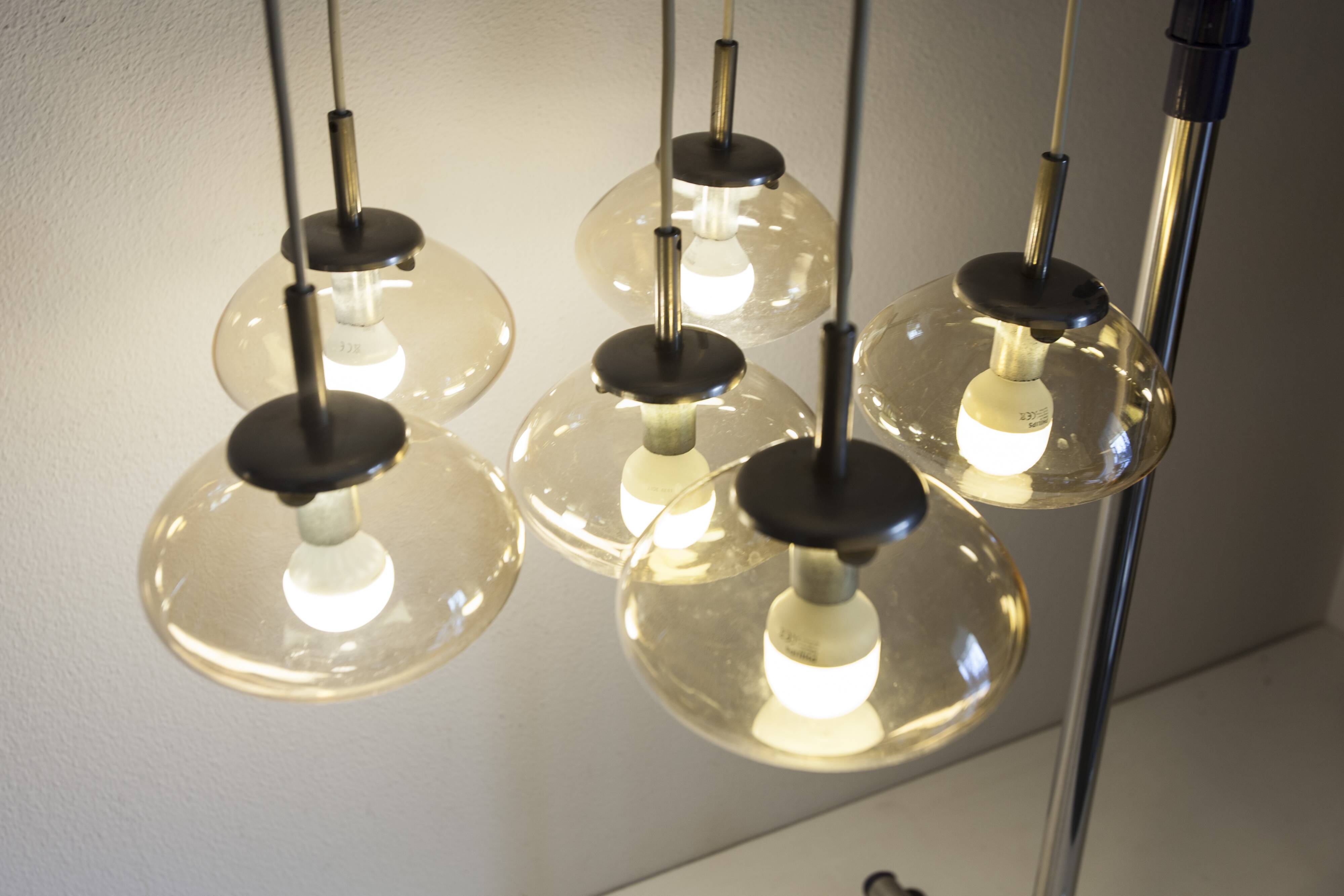 Light smoked glass water drop chandelier with 6 drops from the 1960s.