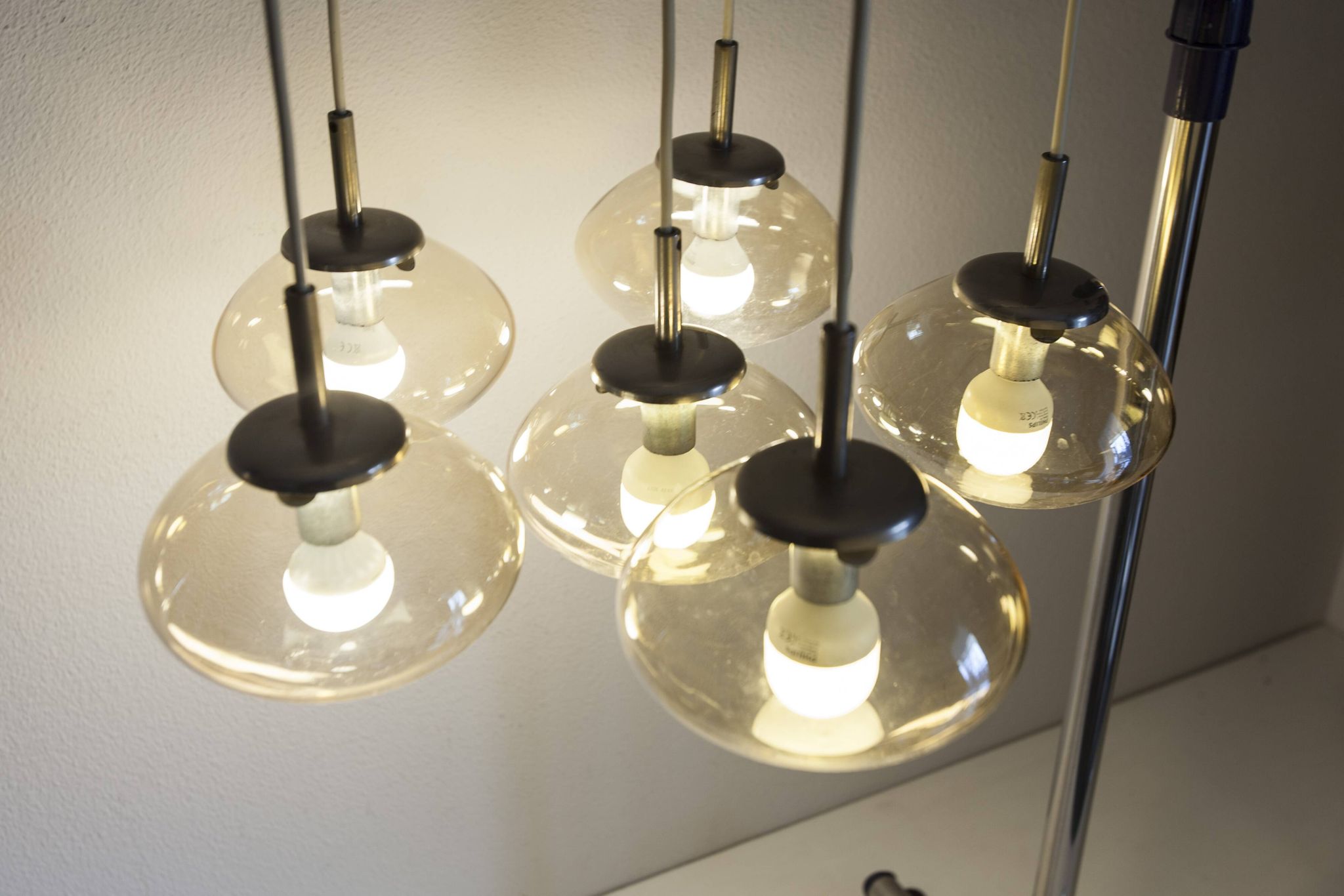 Light smoked glass water drop chandelier with 6 drops from the 1960s.