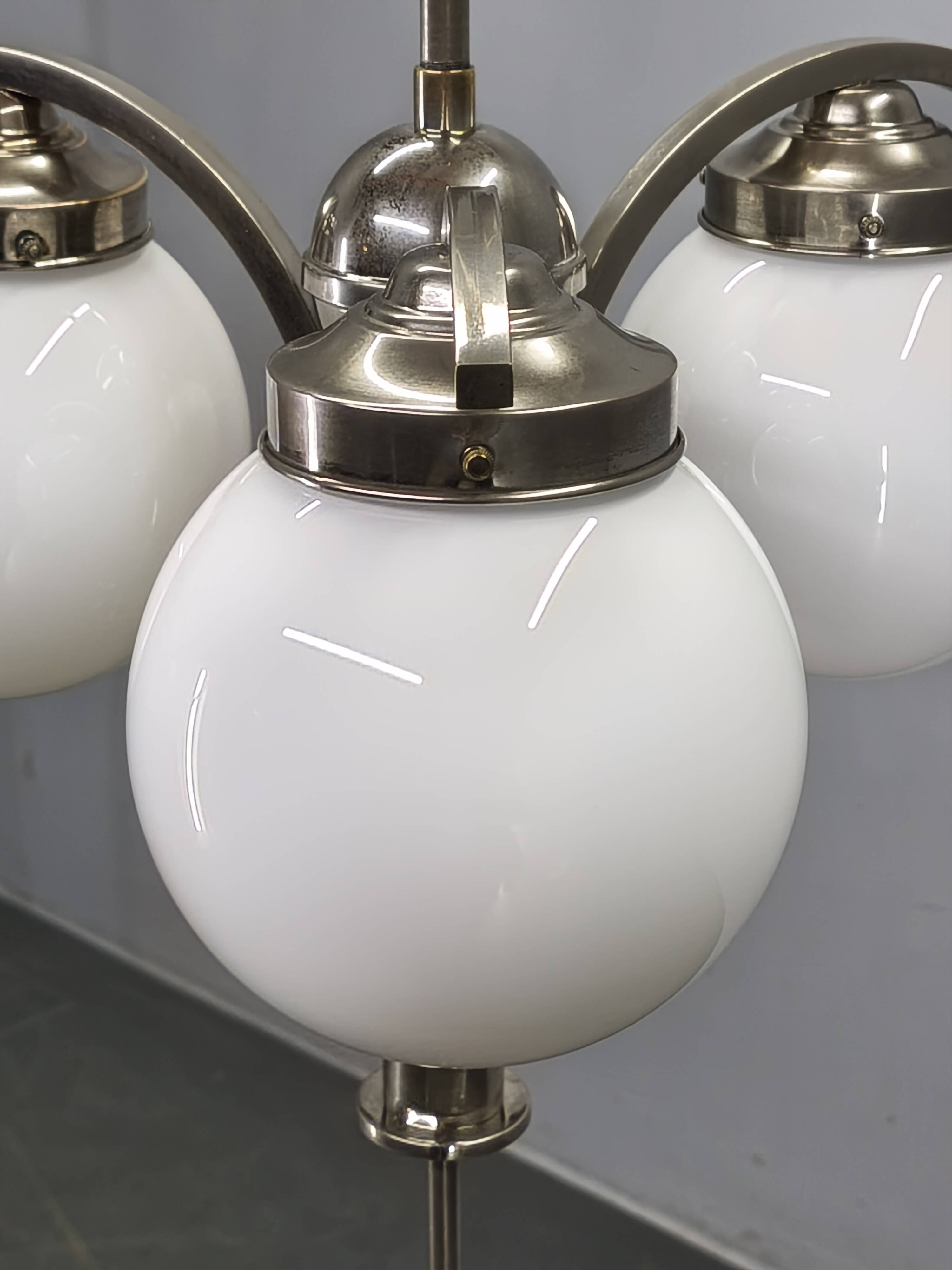 1930s Art Deco Nickel Chandelier With Opaline Glass Globes