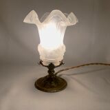 Lampe à poser en bronze et tulipe en verre plissé, Louis XVI, 1900 ancienne vintage