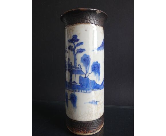Ancien vase rouleau chinois nankin chine blanc bleue porcelaine Qing XIX marque