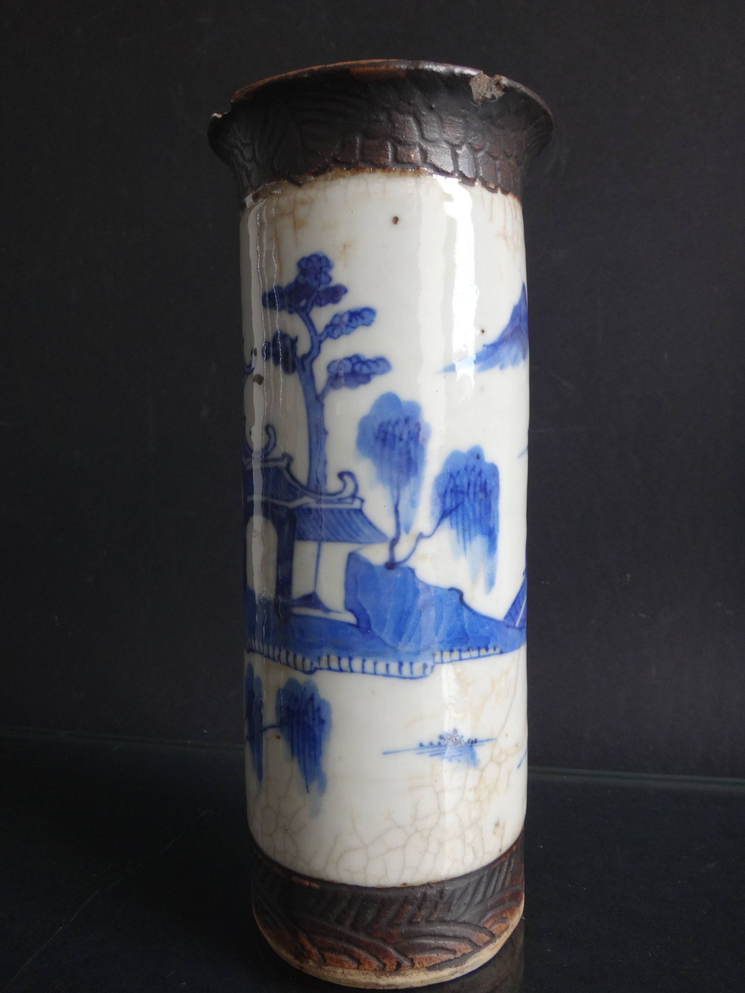 Former Chinese roll vase nanjing China white blue porcelain Qing XIX brand