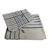 Vintage table set, damask tablecloth and 8 embroidered napkins with blue and white patterns