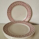 Set of 5 Badonviller dessert plates with red and white geometric pattern