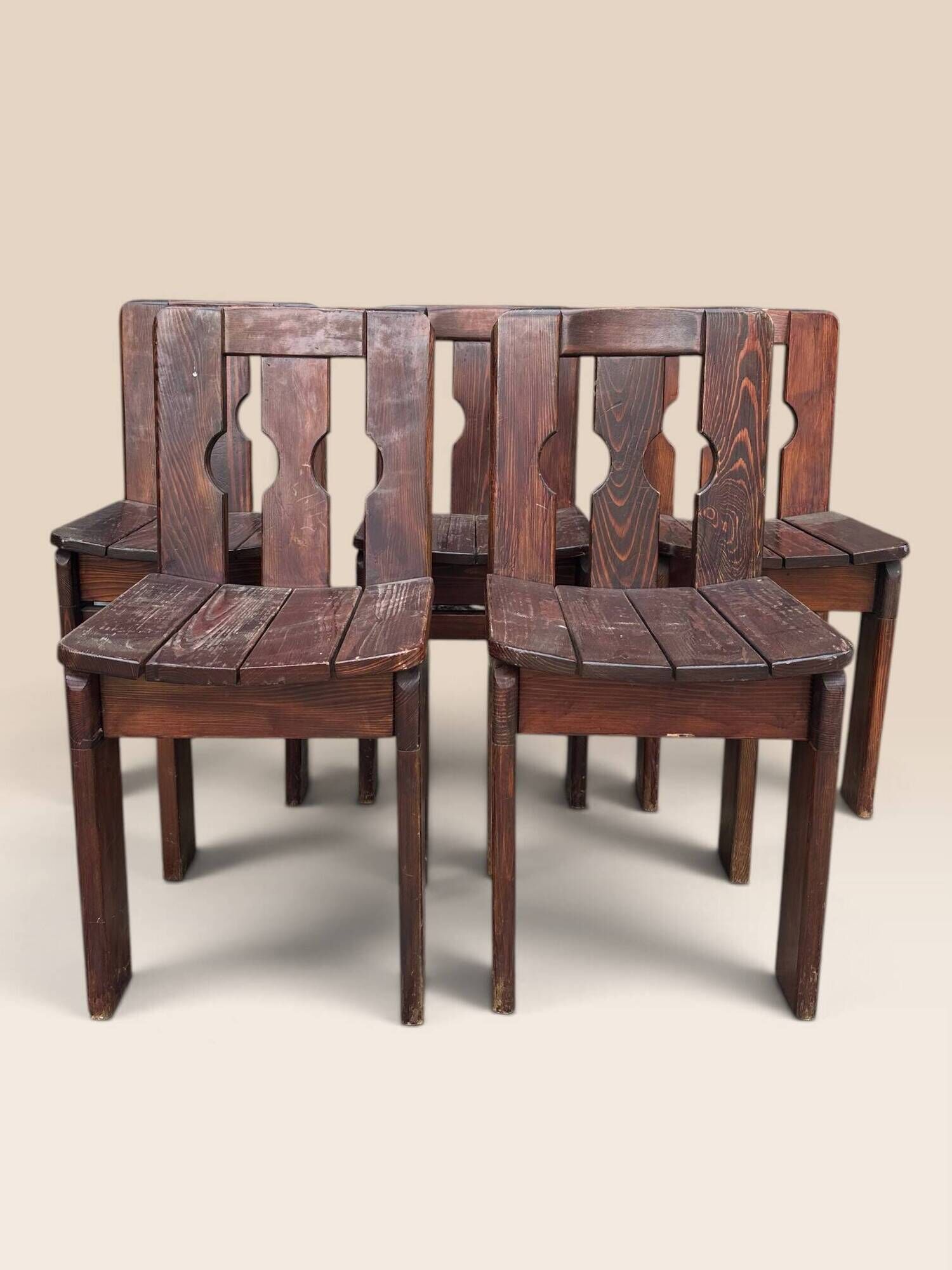 Set of five brutalist chairs in solid pine.