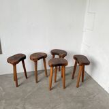Set of 5 olive tree tripod stools from the 50s