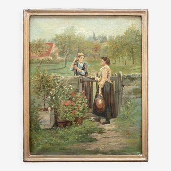 Tableau HST "La conversation au jardin" XIX° siècle