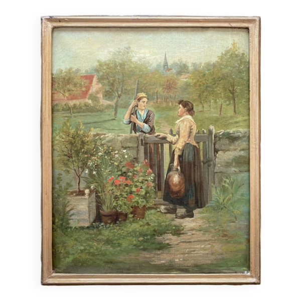 Tableau HST "La conversation au jardin" XIX° siècle