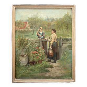 Tableau HST "La conversation au jardin" XIX° siècle