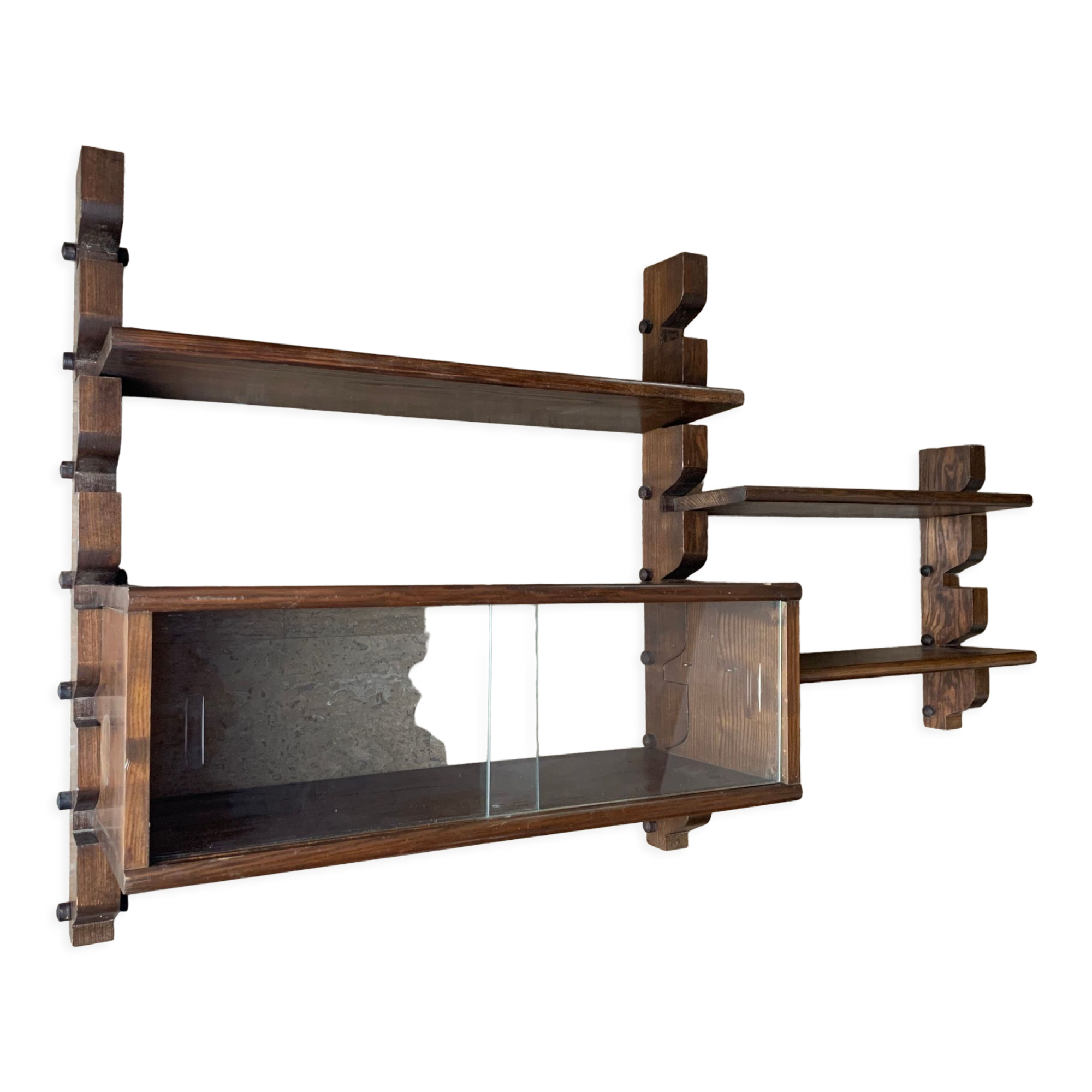 Wooden wall shelves with display case, 1950s