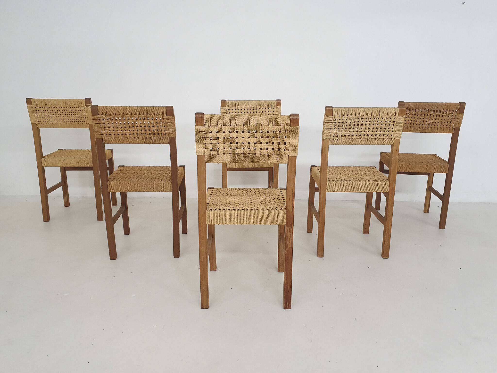 Set of six papercord dining chairs, France 1950's