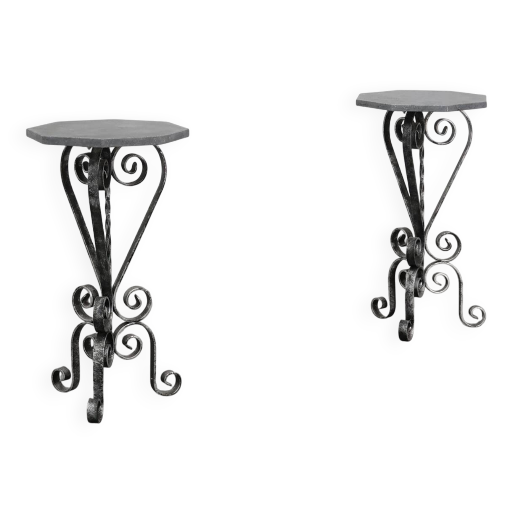 Paire de consoles françaises en fer forgé avec plateaux en pierre bleue belge, années 1950