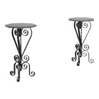 Pair of French Wrought Iron Consoles with Belgian Blue Stone Tops, 1950s
