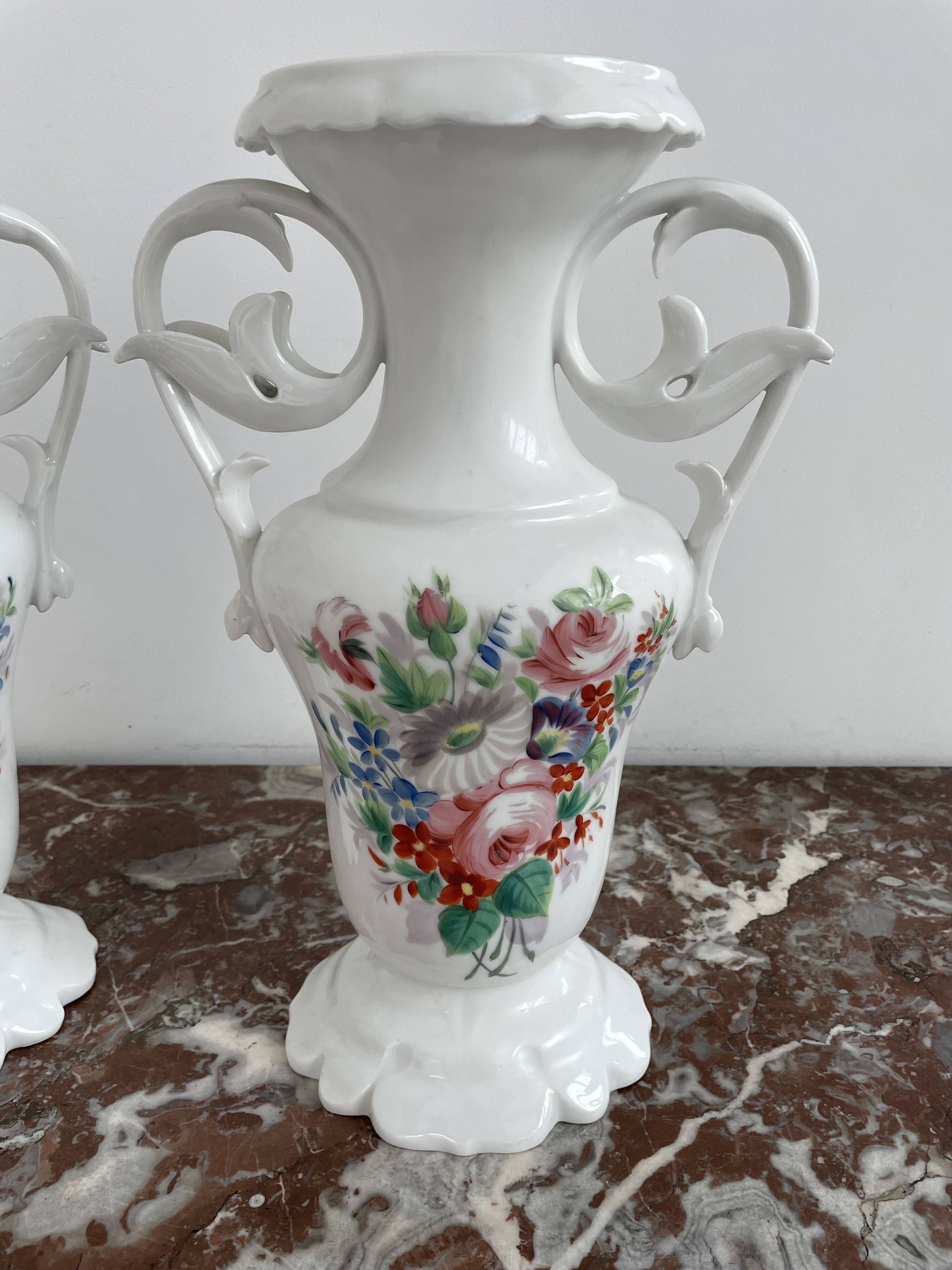 Pair of large 19th century church vases in painted white Paris porcelain