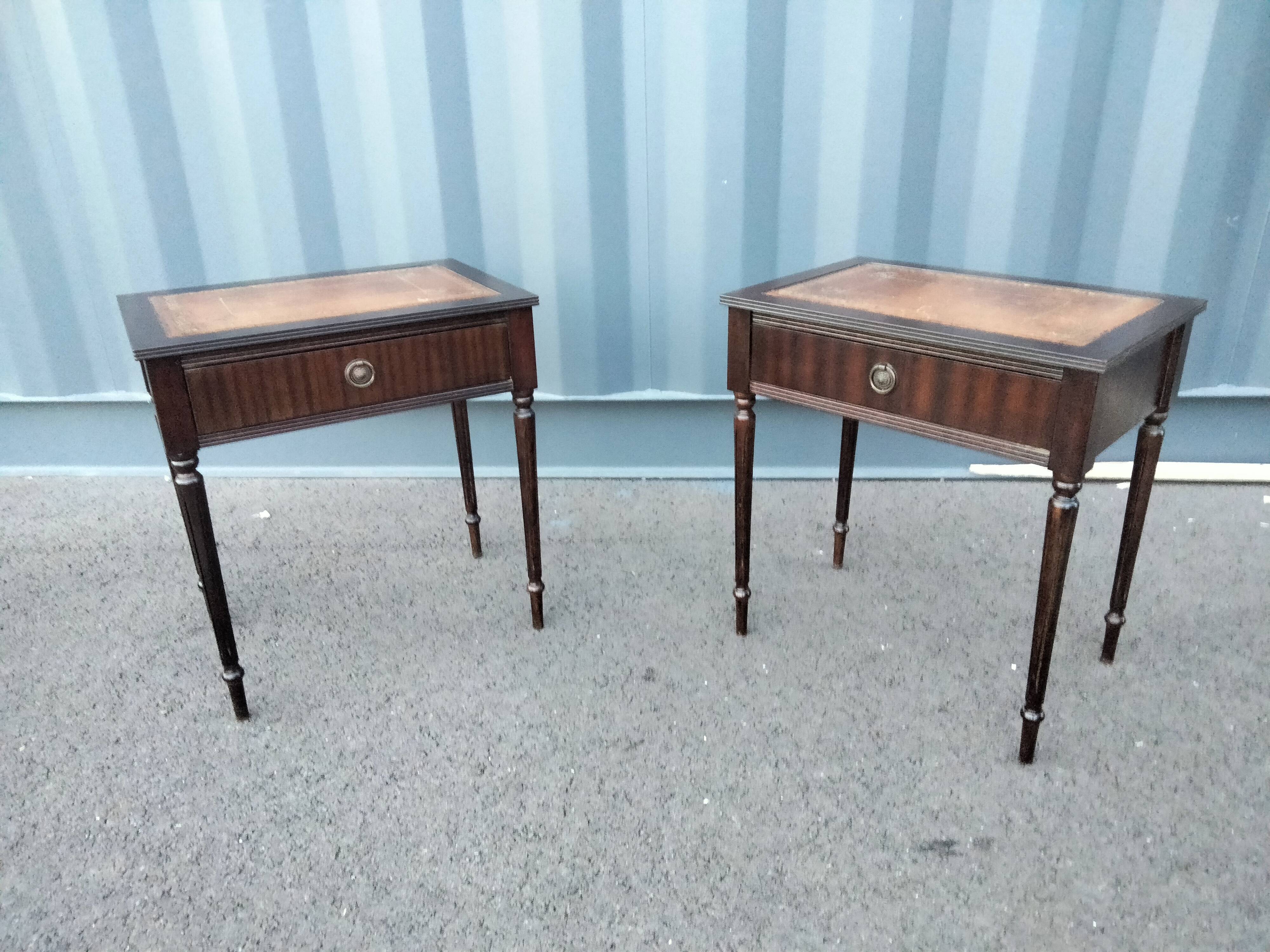 Pair of bedside tables side tables old leather top style louis xvi