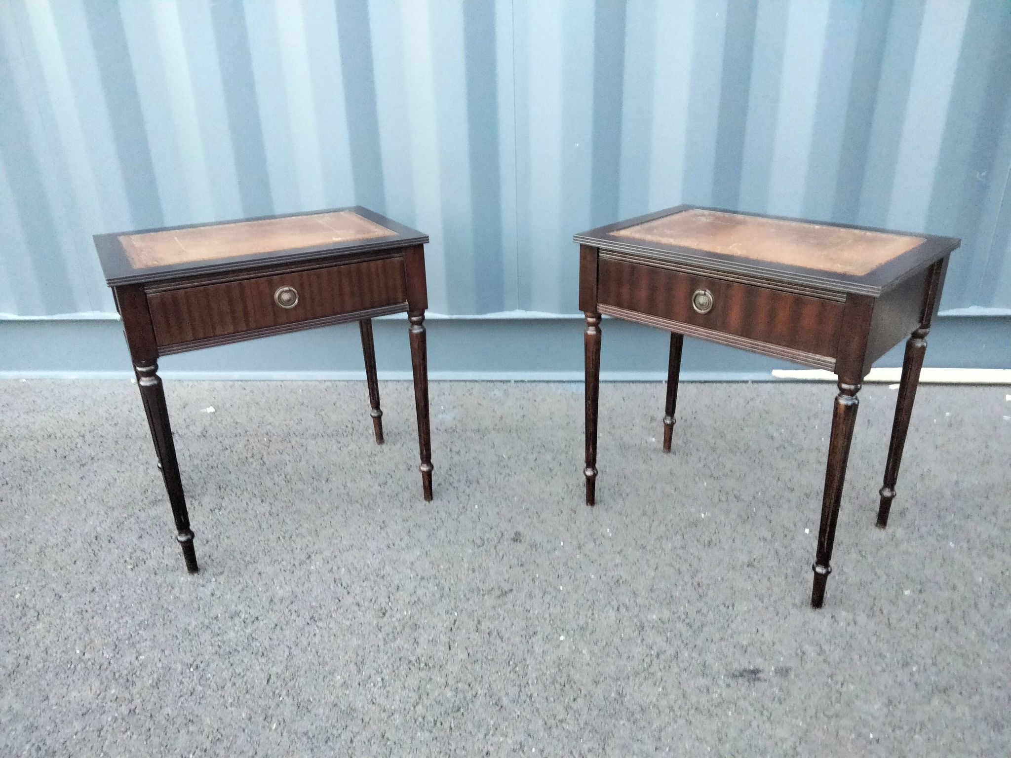Pair of bedside tables side tables old leather top style louis xvi