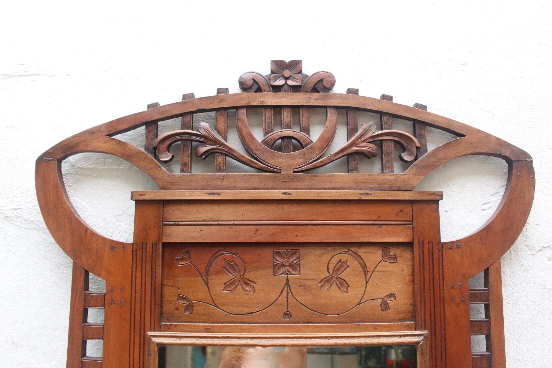 Art nouveau entrance cherry tree wood coat rack with mirror 1890s