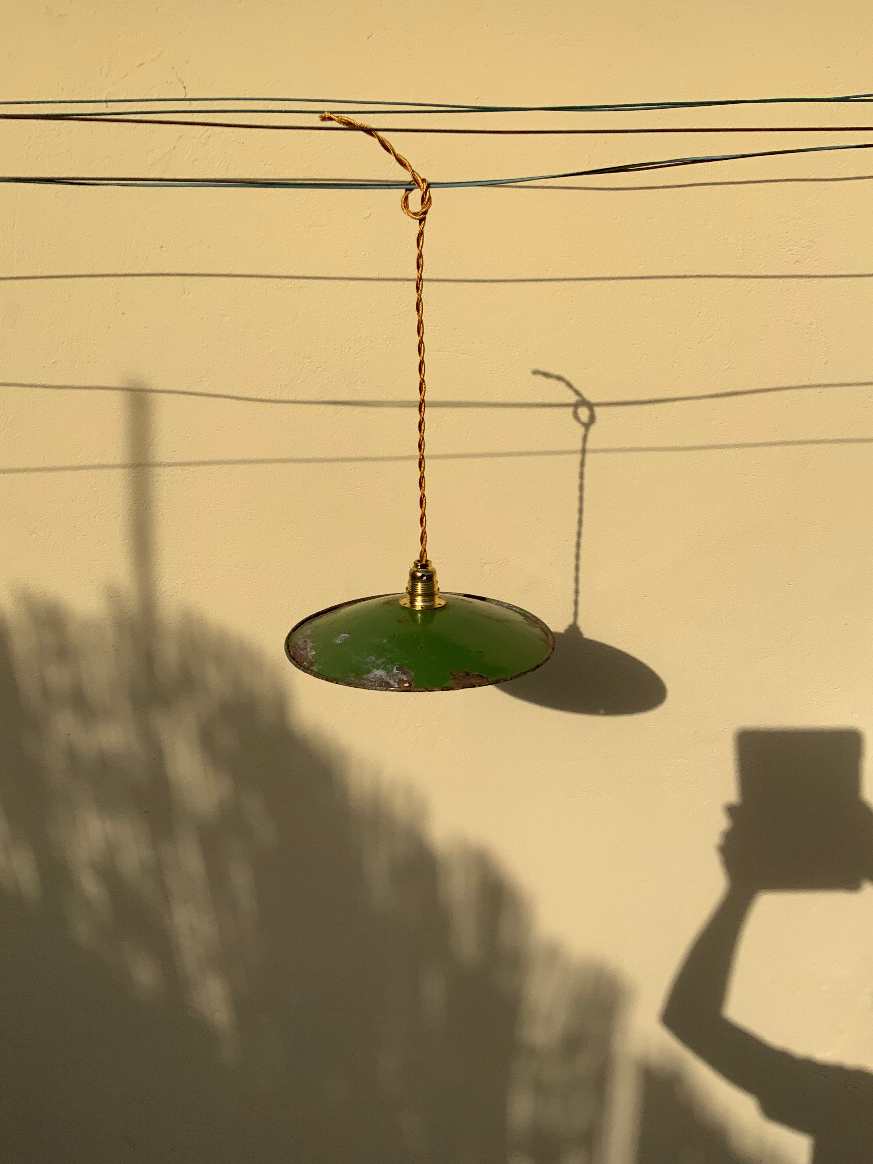 Vintage suspension green enamelled sheet white
