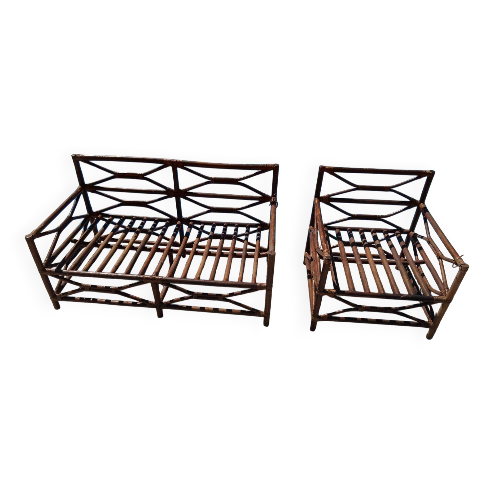 Vintage wooden garden furniture set with a bench and an armchair