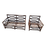 Ensemble salon de jardin une Banquette et un Fauteuil en bois Vintage