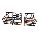 Vintage wooden garden furniture set with a bench and an armchair