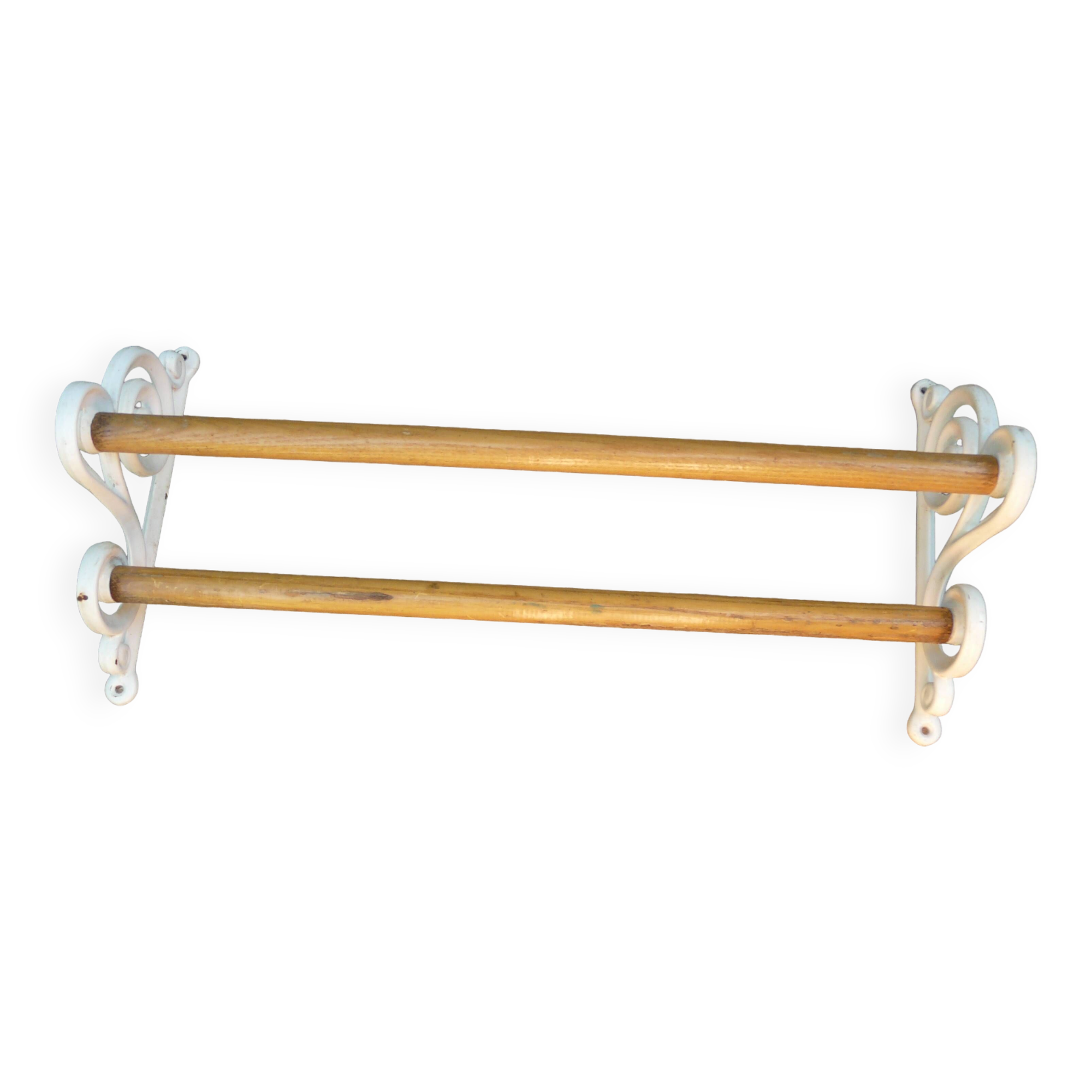 Old art deco towel rack in white enameled cast iron and wood