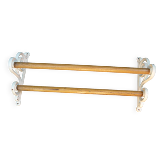 Old art deco towel rack in white enameled cast iron and wood