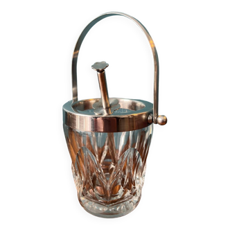 Thick crystal ice bucket with silver metal tongs