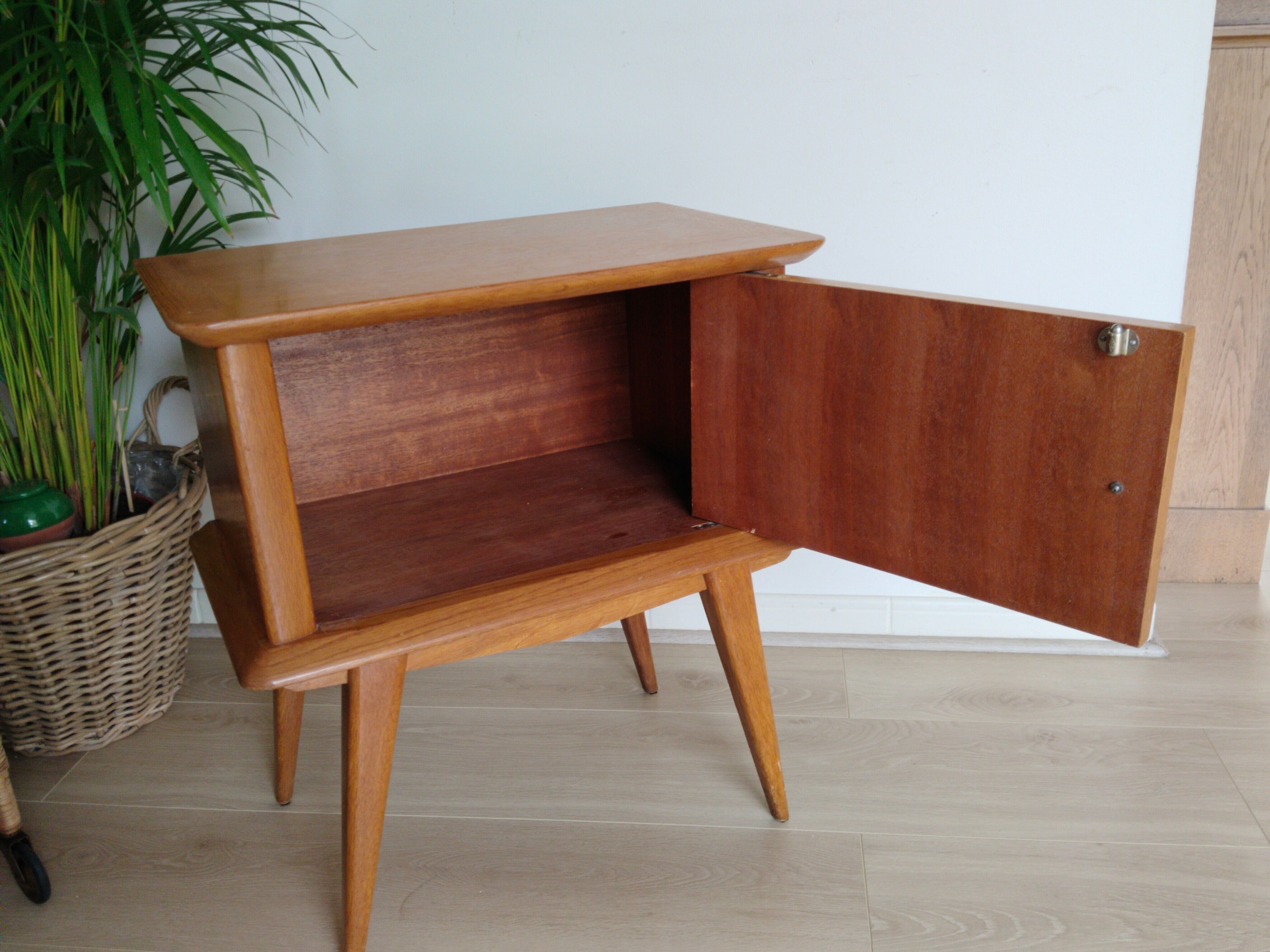 Vintage bedside table, varnish, compass legs, vintage 50s