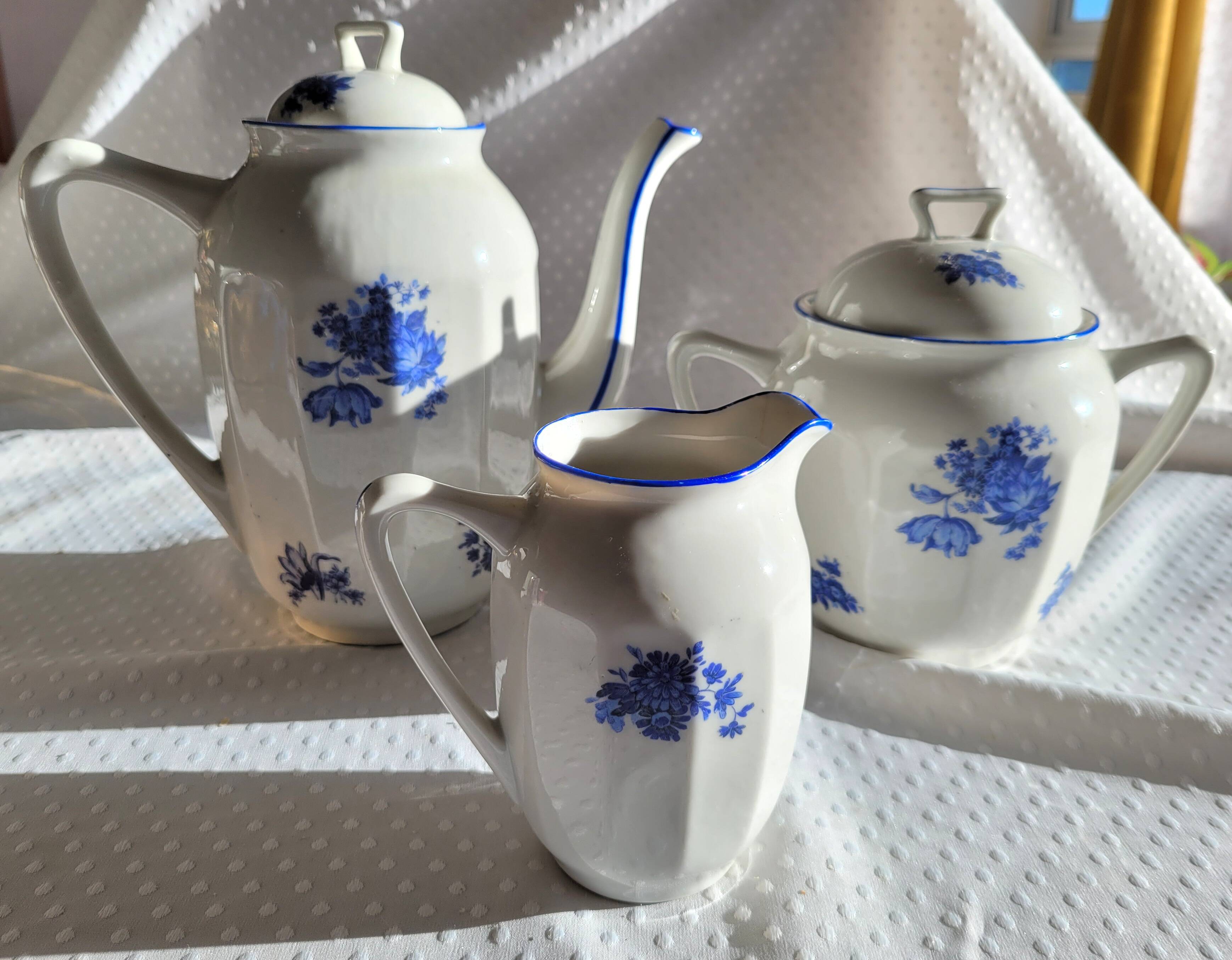 Blue and white ceramic coffee service with vintage flowers.