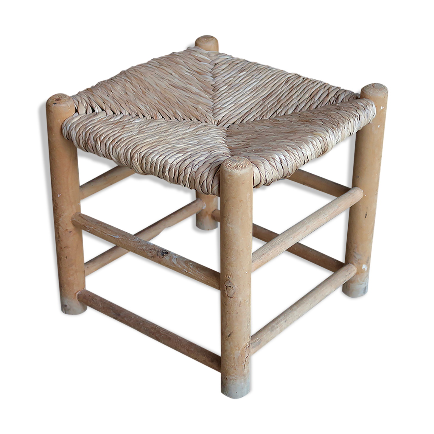 Low wooden straw stool, 1950s